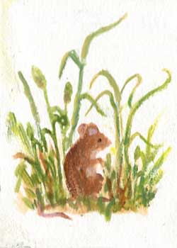 "Mouse In The Grass II" by Jean M. Lang, Middleton WI - Acrylic with Linoleum Block & Brush